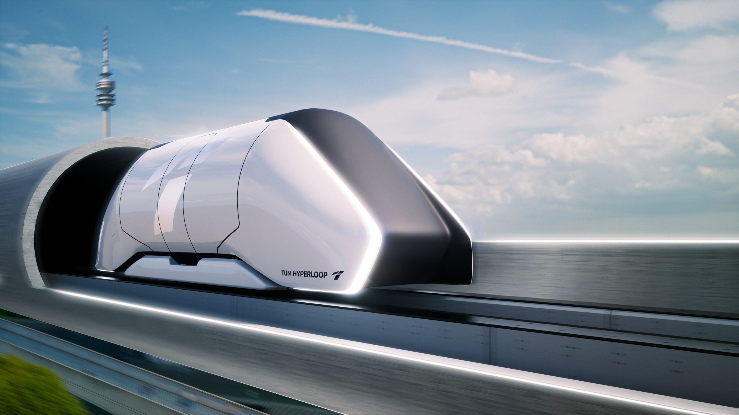 Abbildung des TUM Hyperloop Zuges auf einer Schiene.